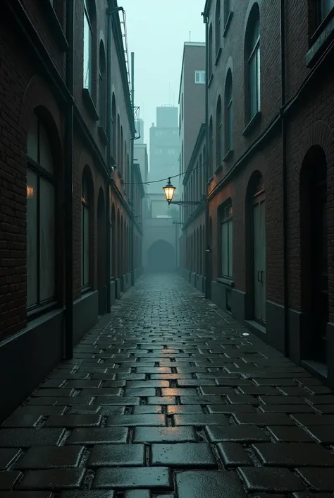  narrow alley . Rainy and cloudy with the old brick floor with no light like a gang alley