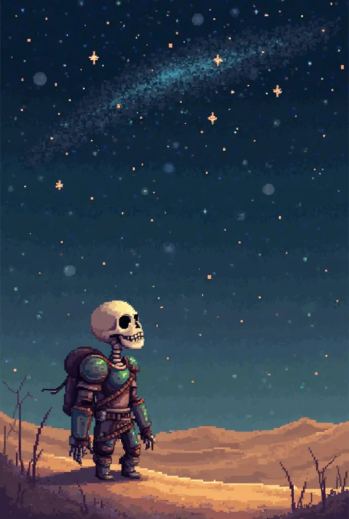 Pixel art,Skeleton,smile, undertail,Sands,Pixel art,Pixel Art,game character,ゲームのPixel art、Looking up at the stars 、 is wearing armor、もっと荒いPixel art、