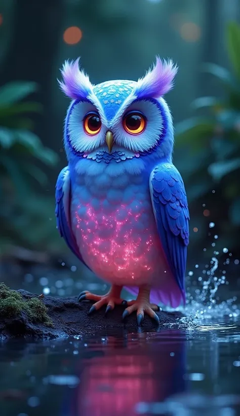 
owl is standing in a small stream of water、splashes of water scattered all around it。
A fantastic owl standing on a creek。The whole body is blue、Purple、shining with pink iridescent light、The feathers emit soft light。 has characteristic large eyes and a de...