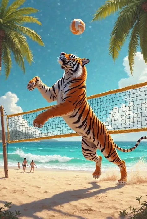 Can you make a image of Tiger playing volleyball 