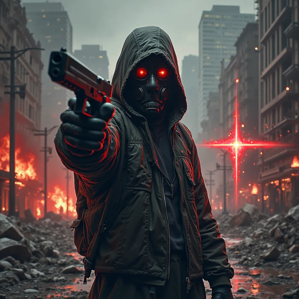 Langer Prompt (max. 1250 characters ):

An aggressive and dramatic CD cover with an urban dystopian atmosphere: In the foreground is a masked or masked character, holding a weapon — either a Desert Eagle, a Gatling Gun or double glocks. The scene looks men...