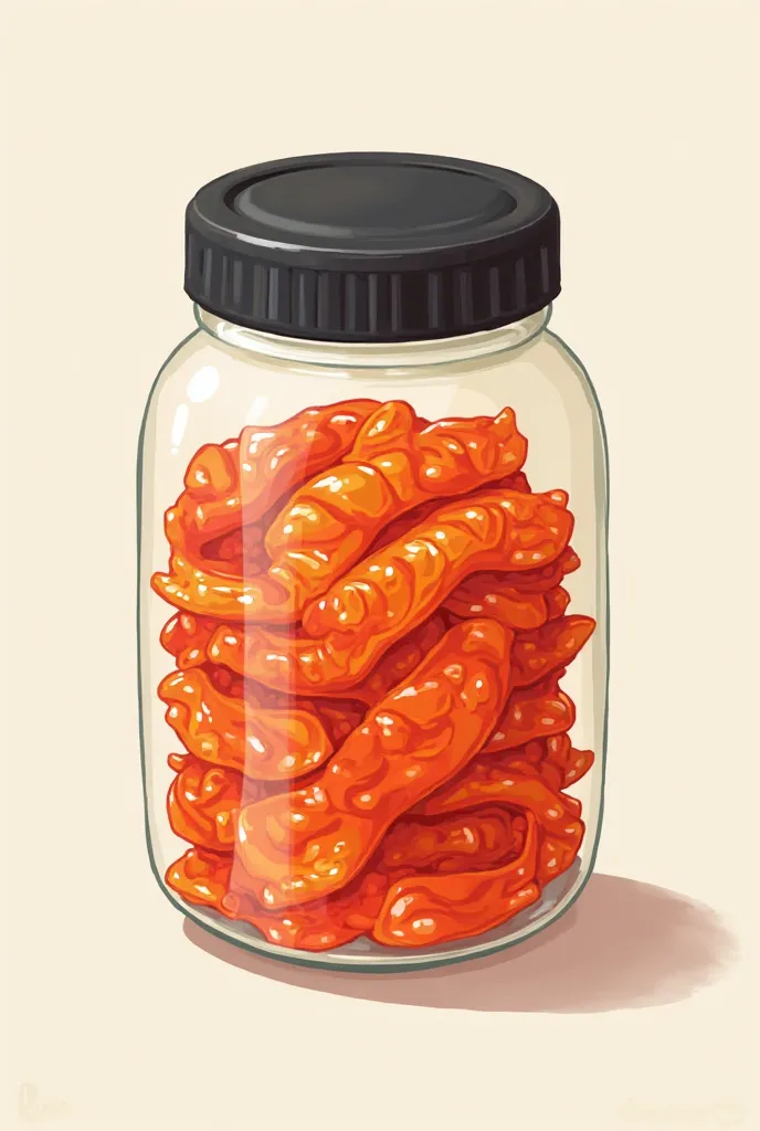 slice kimchi in a jar with black lid, cartoon coded