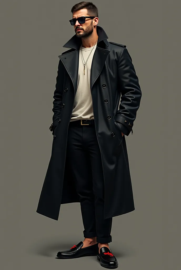  man of 2.0.5 meters tall, he wears a black trench coat from 1935 and a white t-shirt, black loafers with a red iron tip and sunglasses have a large scar of a Latin cross on his back and a scar on his left eye.