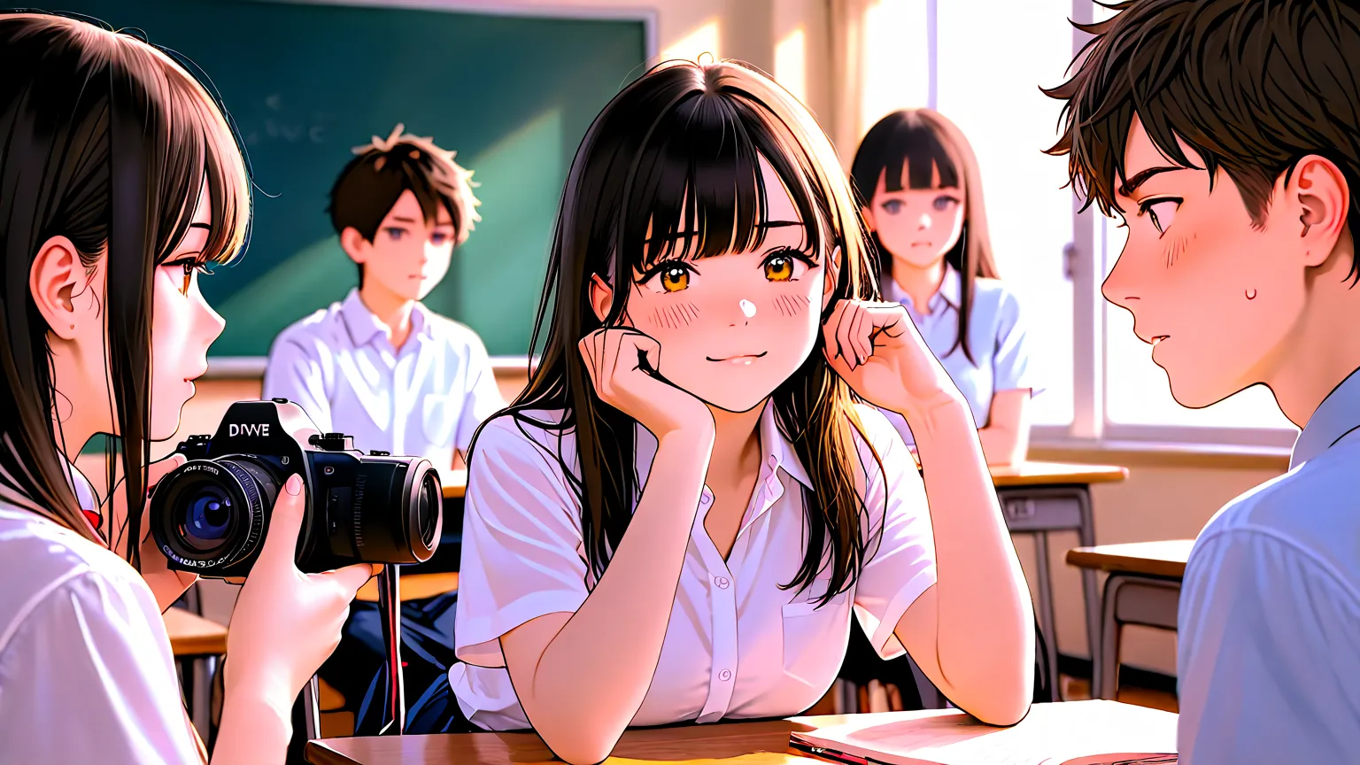 girls are being bullied by girls in the classroom、The boy and girl are both high school students the same age、The camera shows the entire distance、boy and brown-haired girl、draw the same face as the one before、nicely、A few students are shown