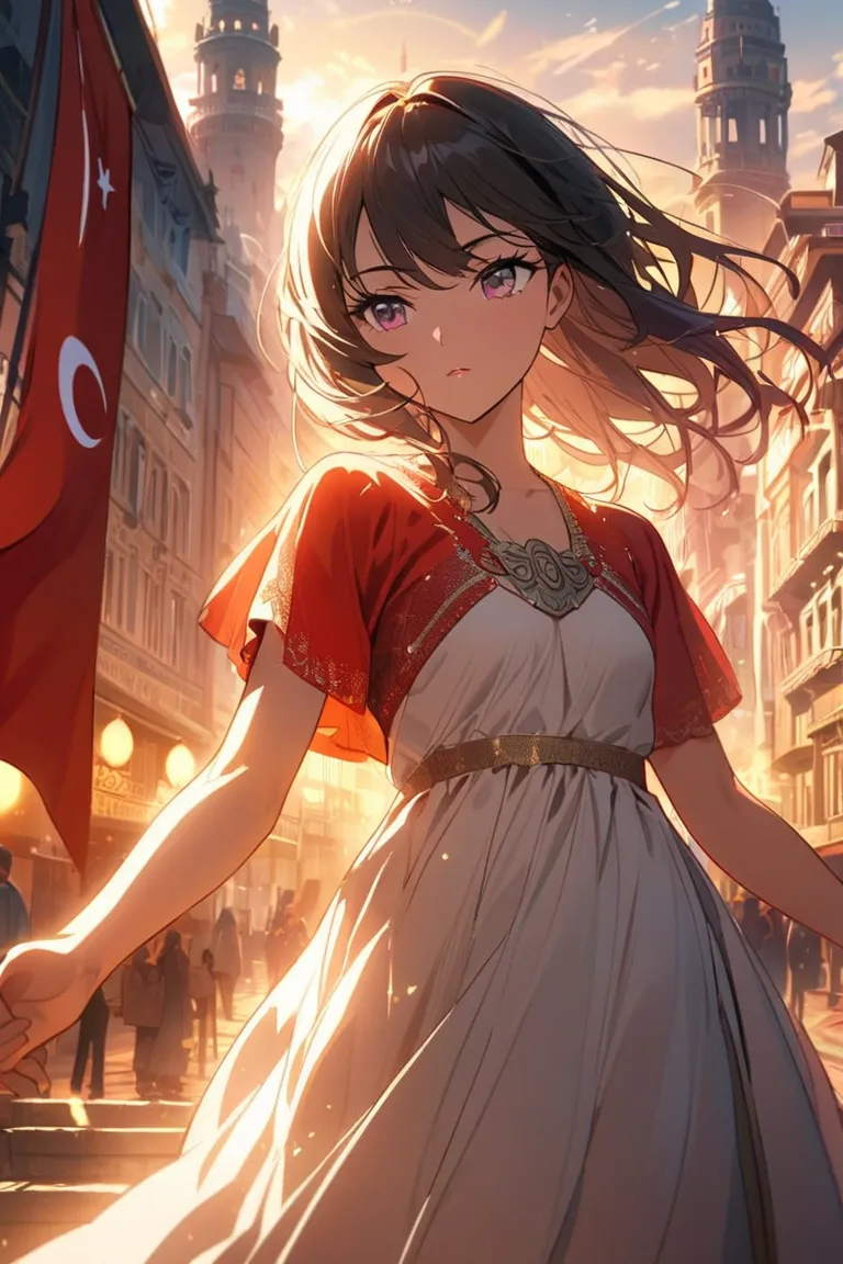 anime woman who supports Turkey in istanbul with trukey flag colors on her dress
