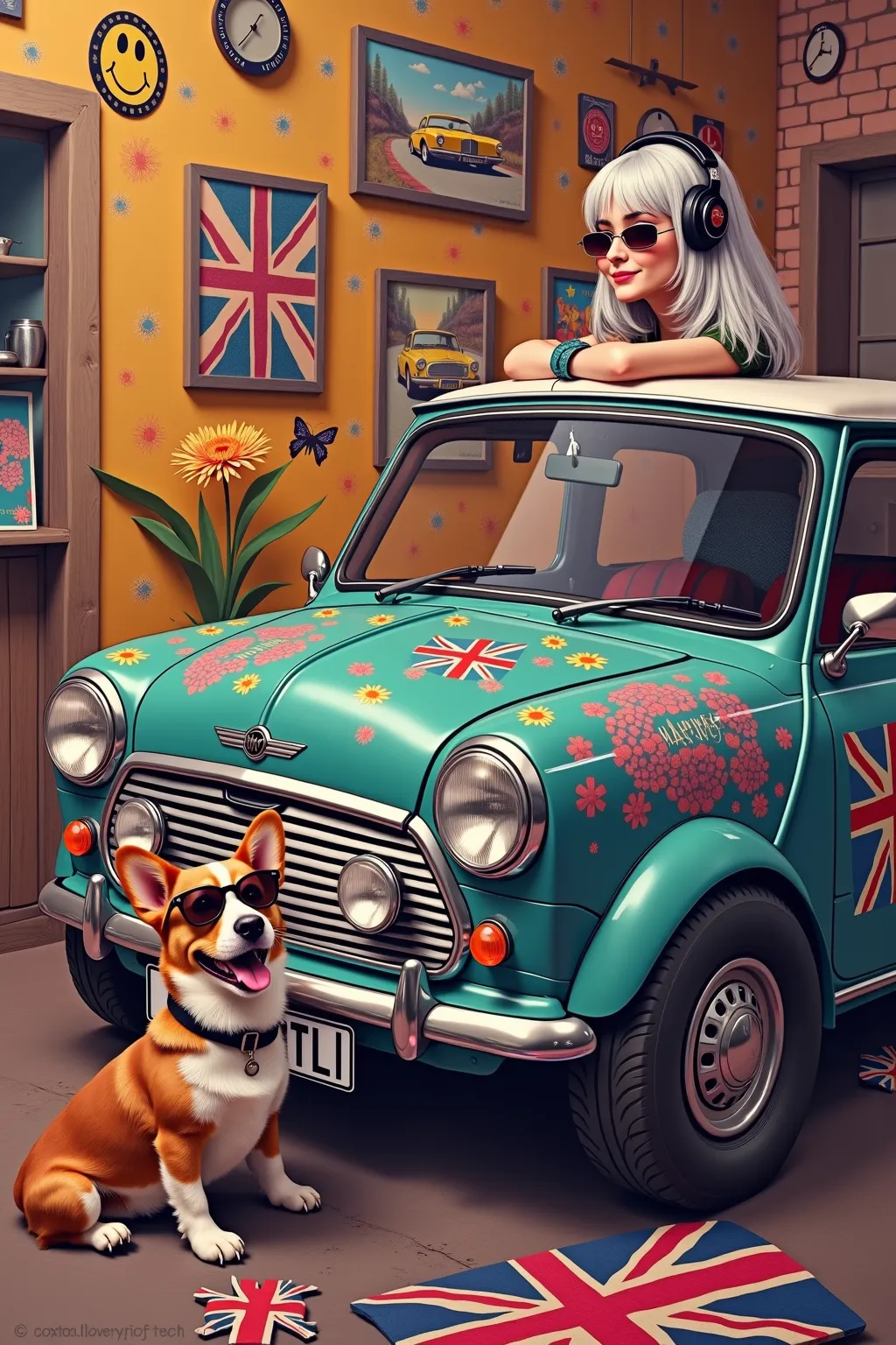  orange gradient background 、 There are lots of old American car posters and smiley posters on the walls of the old rusty art studio 、Rasta Colored Old Mini Cooper Van、 Flashy, Hardline , And a picture of a flower fairy that's cool on the body 、
  stick ou...