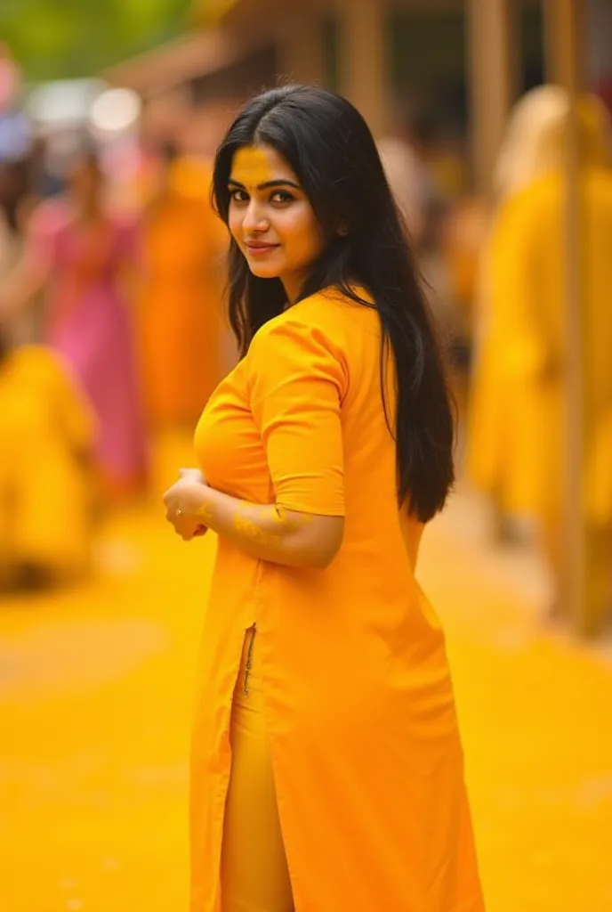 photo of waist of Beautiful south indian dusky dark skinned girl  in yellow cotton kurta and yellow leggings posing from behind in a haldi function,life like