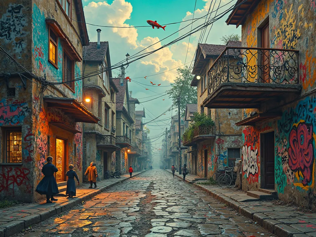 "The immersive 8K high-definition visuals blend surrealism, pop art, street graffiti, Art Nouveau, and dark fantasy, presenting a complex and thought-provoking world of art. Distorted landscapes come alive with vibrant colors, contrasted with dark shadows,...