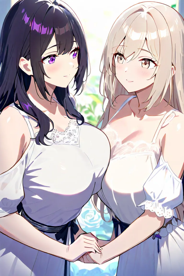 2 women、 character for V21（ light beige hair、shoulder-length hair、Light beige eyes、Long）、 character for V2２（ black hair、long hair、 purple eyes、Big Breasts）、Holding hands、The distance it takes to breathe、Delicate atmosphere、 and stare at each other、sensual