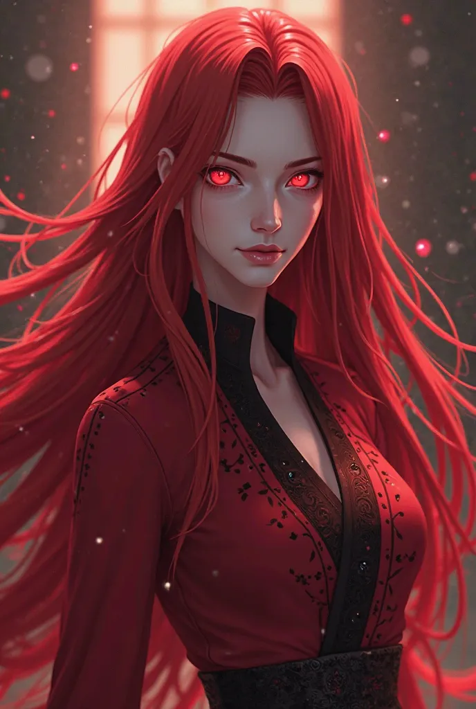 Let it be a Naruto character with long red hair, the heavenly eyes without pupils and outlined with black, Of clothes a red top and a red skirt 