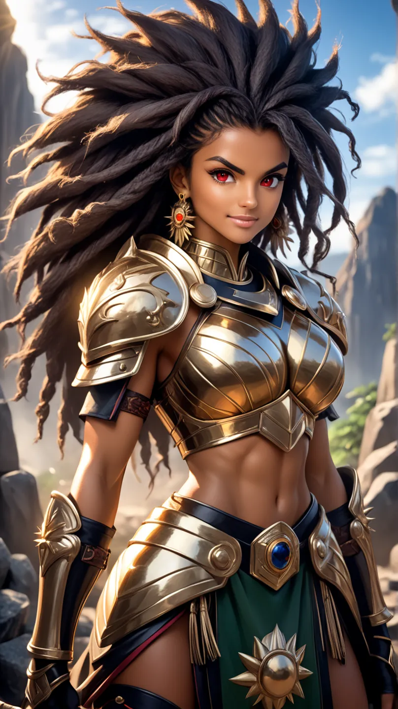 A young, black Brazilian warrior woman of tall, imposing stature, wearing shiny bronze armor that highlights her strong, feminine muscles. Her face is of rare beauty, with elegant features and an expression of determination and strength.
Her skin is a ligh...