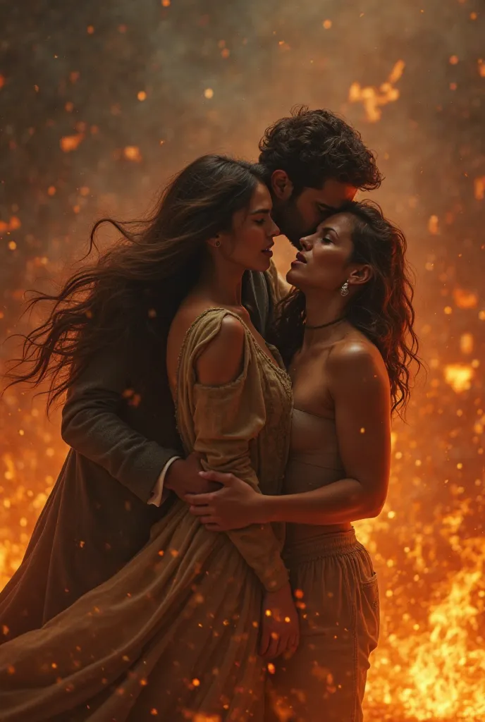 Brown haired girl with two young lovers in a fire, Fainting