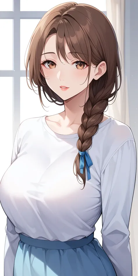  masterpiece, mature woman,  housewife , 1 Girl, alone, mature woman, Give_Miquin , Single strand blue ribbon braid, shoulder hair, beautiful brown hair, long sleeve shirt, Soft Light, Highly Detailed, has the best quality, upper body