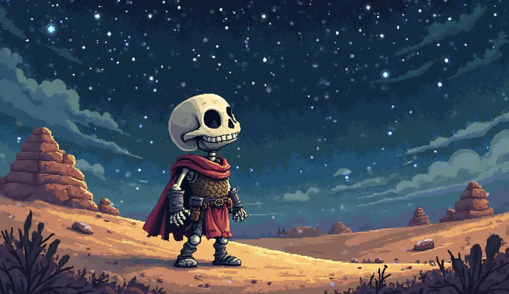 Pixel art,Skeleton,smile, undertail,Sands,Pixel art,Pixel Art,game character,ゲームのPixel art、Looking up at the stars 、 is wearing armor、もっと荒いPixel art、 looking up at the moon 
