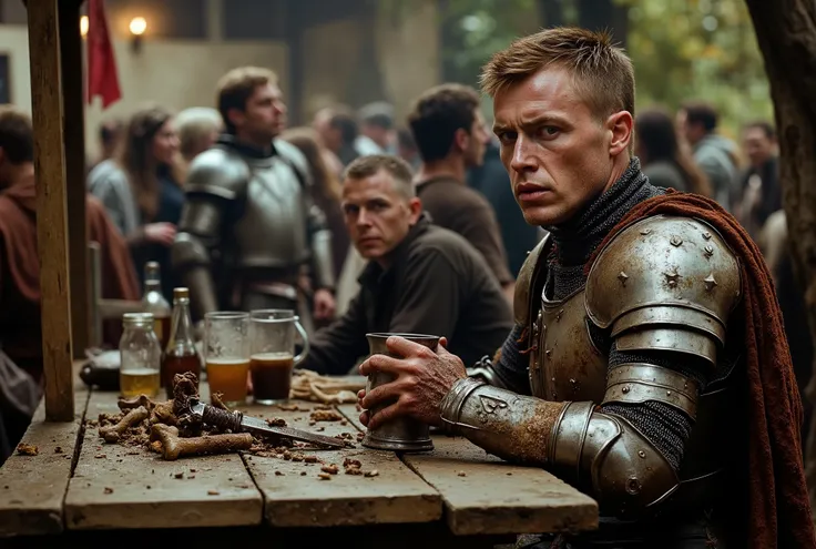 # A haggard, Caucasian male knight in dented, blood-streaked platemail armor sitting at a scarred picnic table in a crowded, rowdy medieval beergarden, shaven brown hair crewcut matted with grime and highlights dulled by ash, pale white face skin streaked ...
