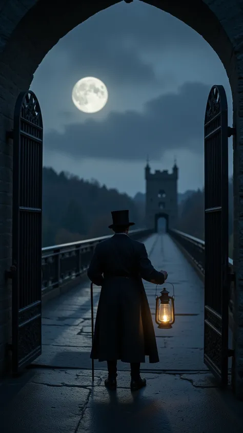 outside at night, cloudy weather but with a full moon, at the entrance to a bridge there is a man dressed in 19th century clothes, with a top hat and a cane, and in the other hand a lantern at the end of the bridge a castle, ultra realistic photography.