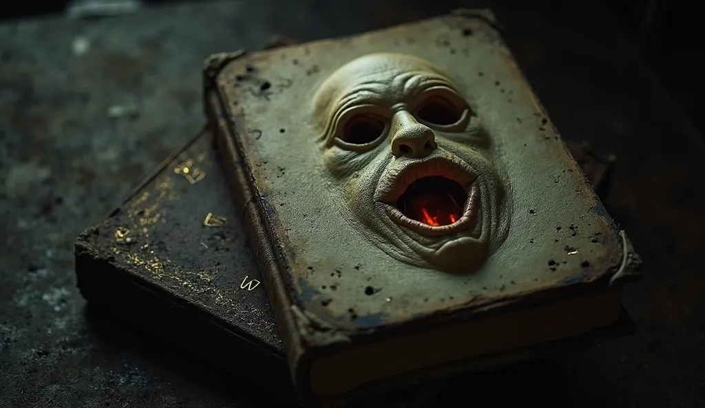 "Create a cinematic, eerie image of the Codex Gigas, with its cover made from human skin, featuring a face with no eyes or mouth, only eerie, symbolic marks where the eyes and mouth should be. The skin should appear aged and weathered, with faint signs of ...