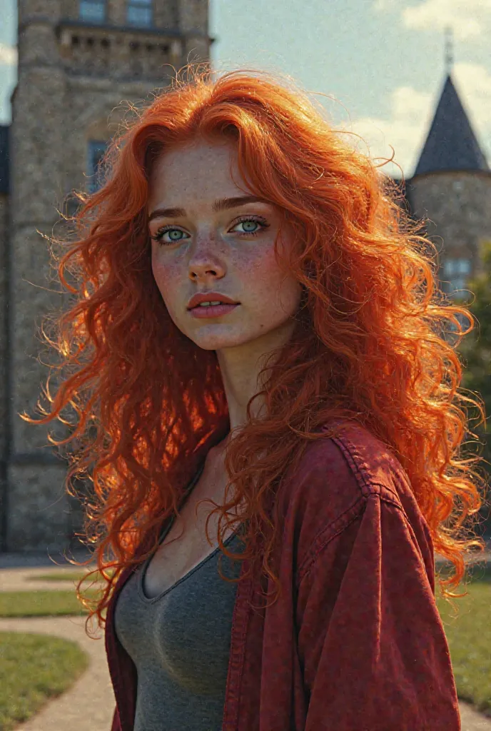 A girl with red hair, Longhi e Curly is in front of a high school 