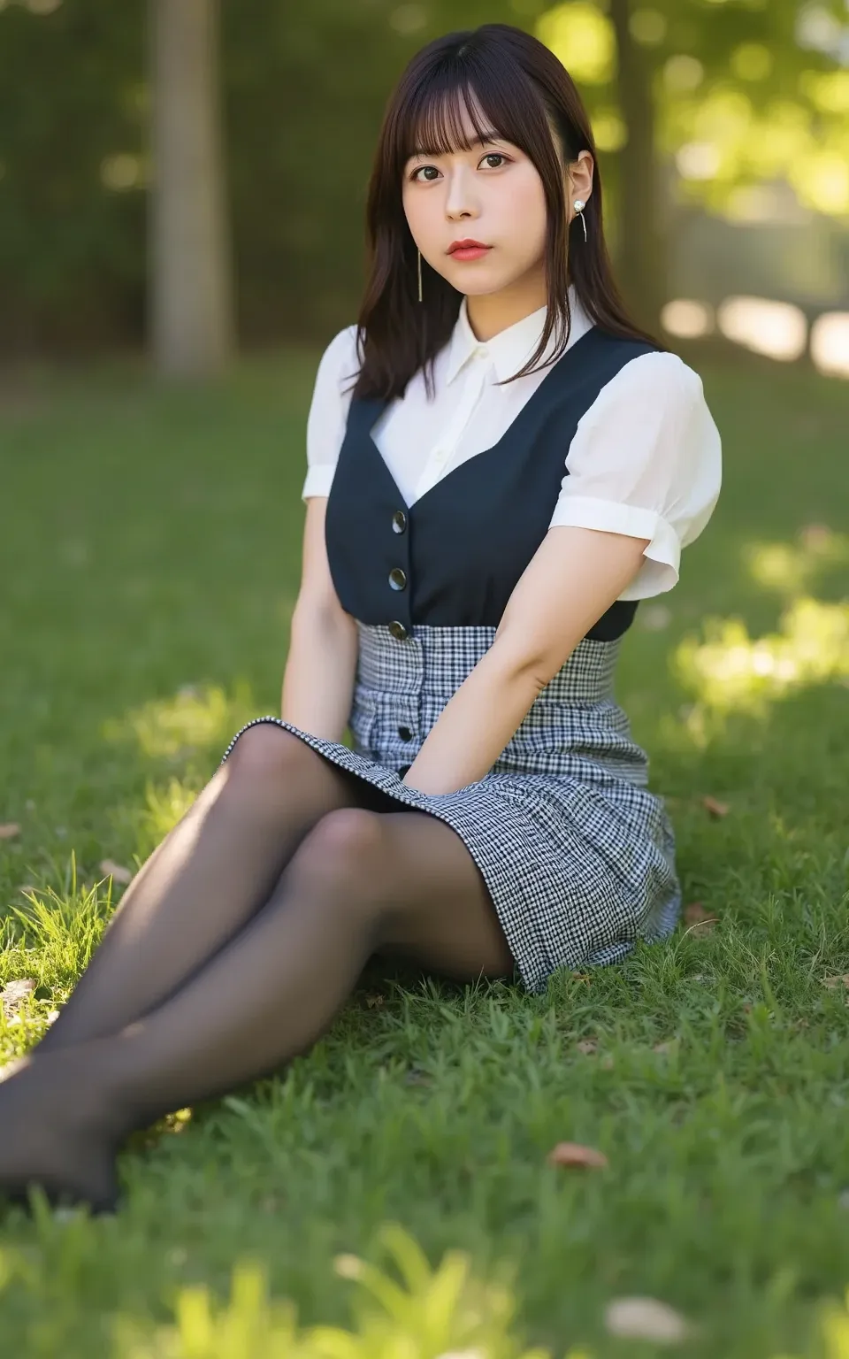  ulchan-6500-v1.1, (RAW photo:1.2), (Photorealistic), (Genuine:1.4), １Mature Woman, Perfect Anatomy, 48 years old,  plump body processed with Photoshop:0.5, viewers, medium long hair,  Short sleeve, vest, check miniskirt, ((Sit on the grass and spread your...