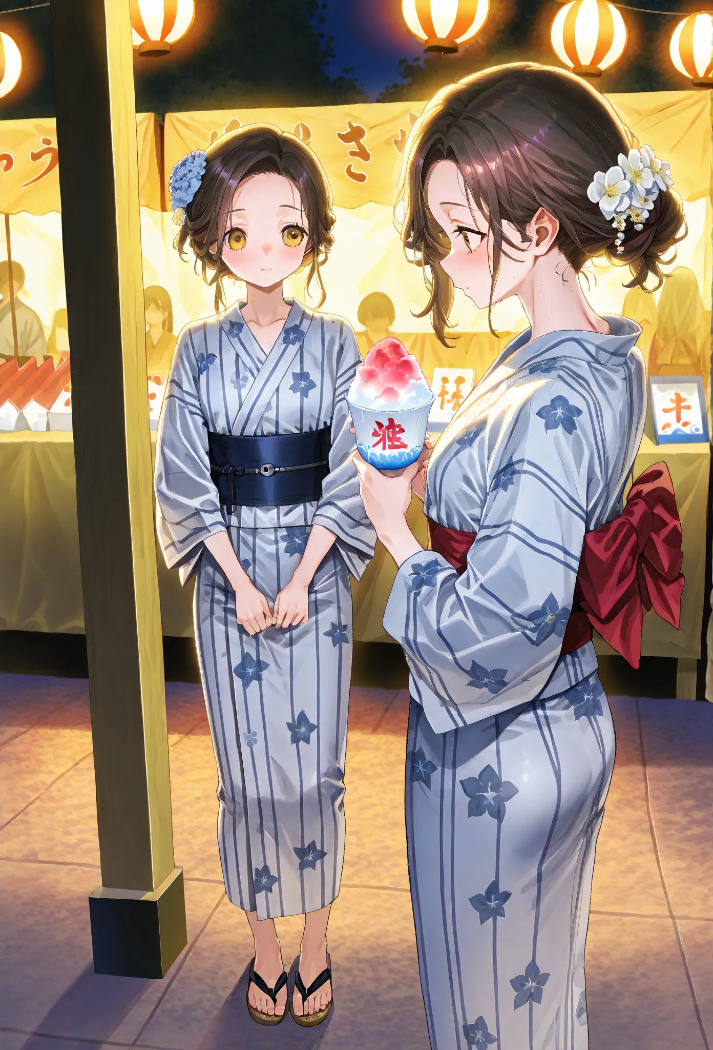    young  , Nape,yukata,stall,Sandals,fair,holding かき氷,