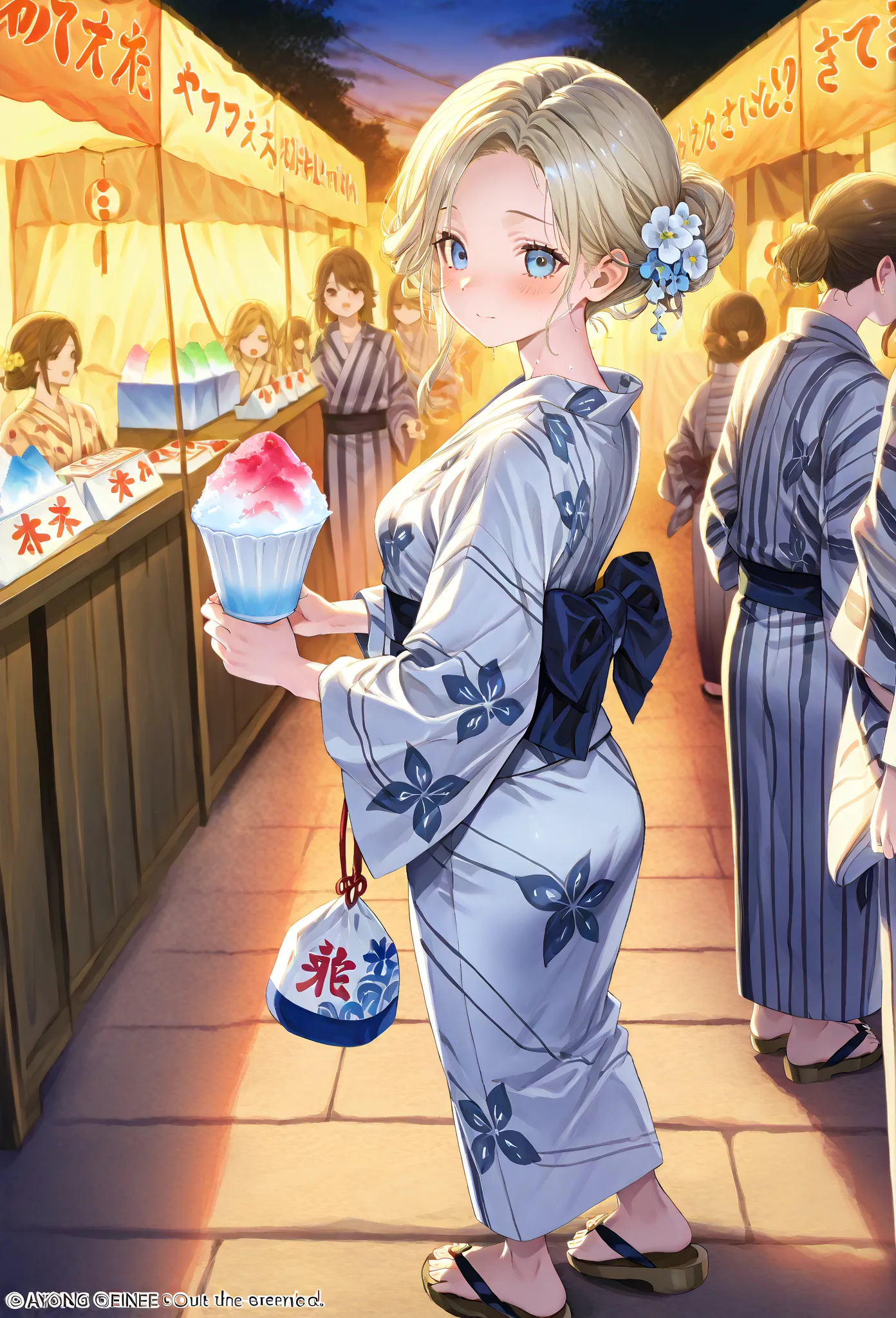    young  , Nape,yukata,stall,Sandals,fair,holding かき氷,