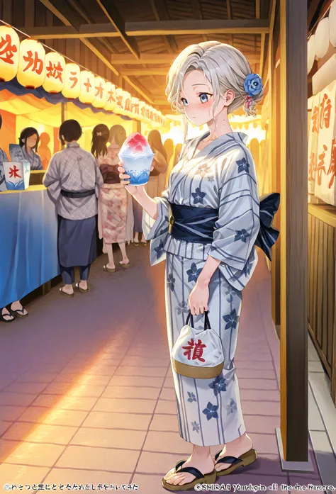    young  , Nape,yukata,stall,Sandals,fair,holding かき氷,