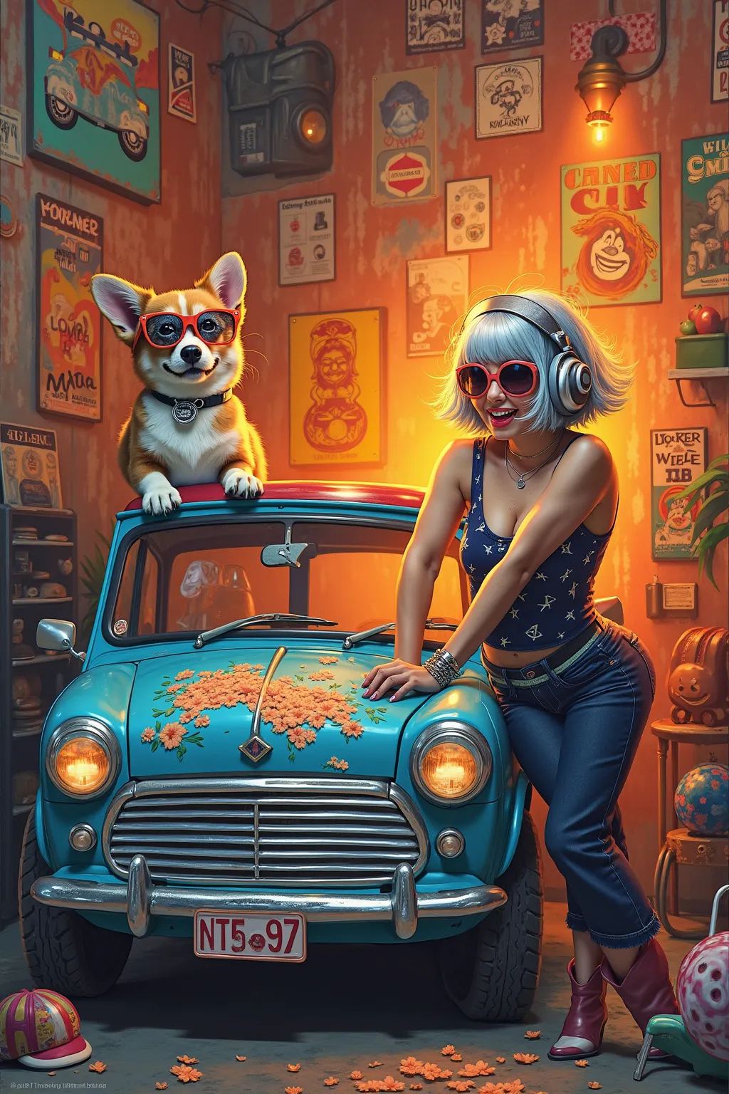  orange gradient background 、 There are lots of old American car posters and smiley posters on the wall in the old rusted art studio 、Rasta Colored Old Mini Cooper Van、 Flashy, Hardline , And a picture of a flower fairy that's cool on the body 、
  stick ou...