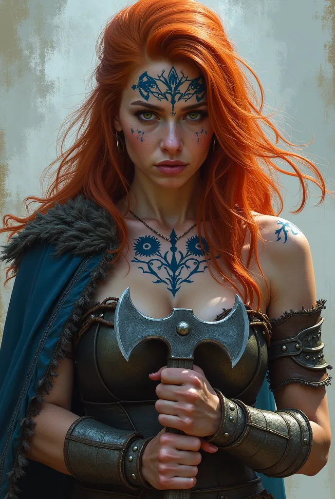 um mulher Linda viking ruiva maquiagem com sinais azuis no rosto e na pele, pintura de combate , com um machado estilo god of war  . em suas maos digital realista, podemos adicionar "artstation, digital painting, highly detailed, fantasy concept art, brush...