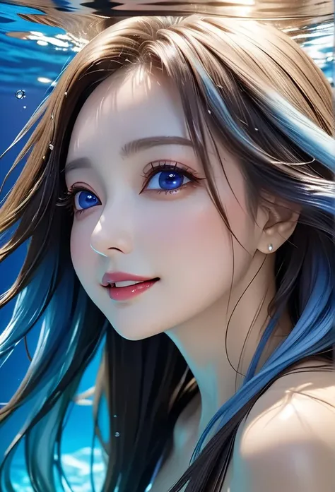 Underwater World ,  beauty,  mermaid , 年輕mermaid ,full body ,  smiling at the camera ,  big boobs,  striped hair,  Striped Hair  ,  Sky Blue Hair ,  long hair,  blue eyes, eye reflection,  light tracking ,  reverse exchange,  blurry, Luminous lamp, Shallow...