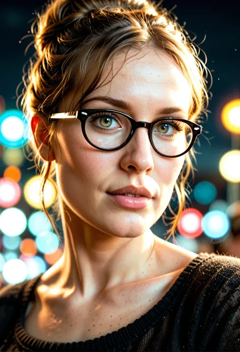 front photo of 1girl, from below, nerdy, glasses, wearing a nuisette, hair bun, hair up, messy bun, looking at viewer, [elizabeth olsen | felicity jones | marilyn monroe], best quality masterpiece, photorealistic, detailed, night, flash, 8k, HDR, shallow d...