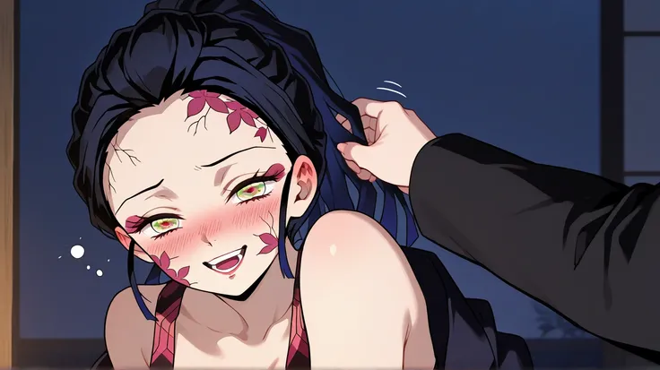 2 Girls, 1 Girl with short dark blue hair, her hair is multicolored dark blue, her blouse has a blue collar, she wears a black coat, and her shoulders are bare, her expression is drunk, she is with blushing cheek, Daki from the anime Kimetsu no Yaiba, blus...