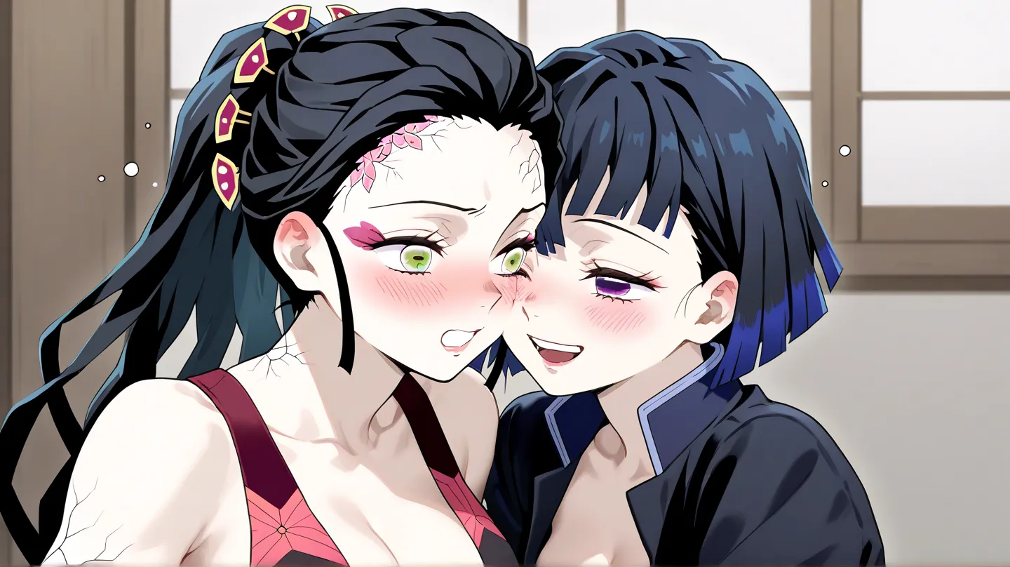 2 Girls, 1 Girl with short dark blue hair, her hair is multicolored dark blue, her blouse has a blue collar, she wears a black coat, and her shoulders are bare, her expression is drunk, she is with blushing cheek, Daki from the anime Kimetsu no Yaiba, blus...