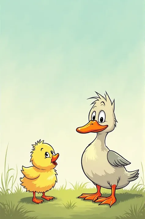 Little yellow chick looking at a duck. Comic-style cartoon