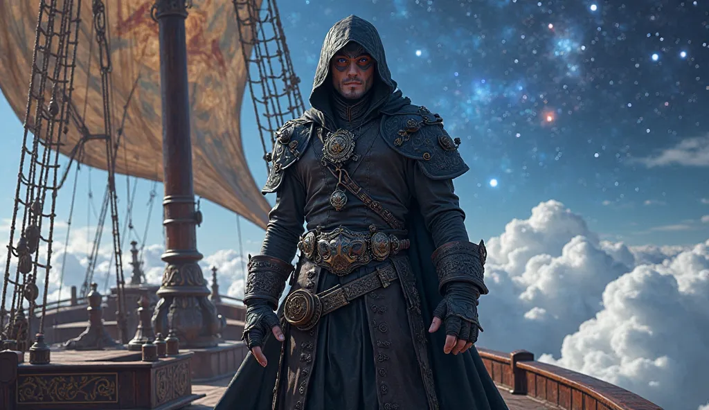 A male caucasian tiefling pirate stands confidently on the deck of a spelljammer-style airship, surrounded by the vast expanse of clouds.  a shadowy hood, partially concealing his piercing eyes, one red, one blue. He wears elegant yet battle-worn black pir...