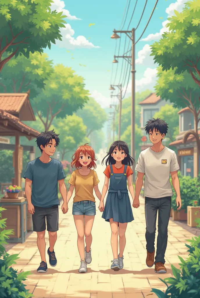 Friends in a group of two women, two men walking hand in hand anime