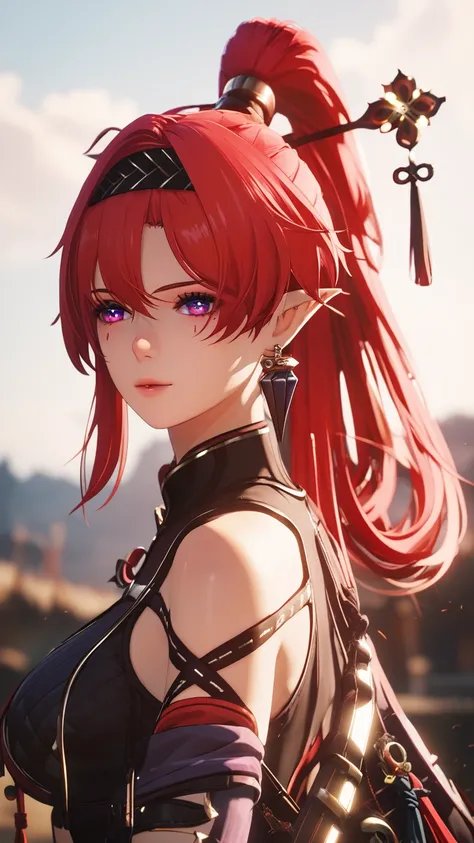 score_9, score_8_up, score_7_up, Girl's profile picture, realistic skin texture, detailed picture, HD32k,1 girl, horse face,Accessories,, a ponytail hairstyle ,Hair Straps,earring,red hair, purple eyes,Accessoriesผม,Pointed ears, long hair,hair stick,Facia...