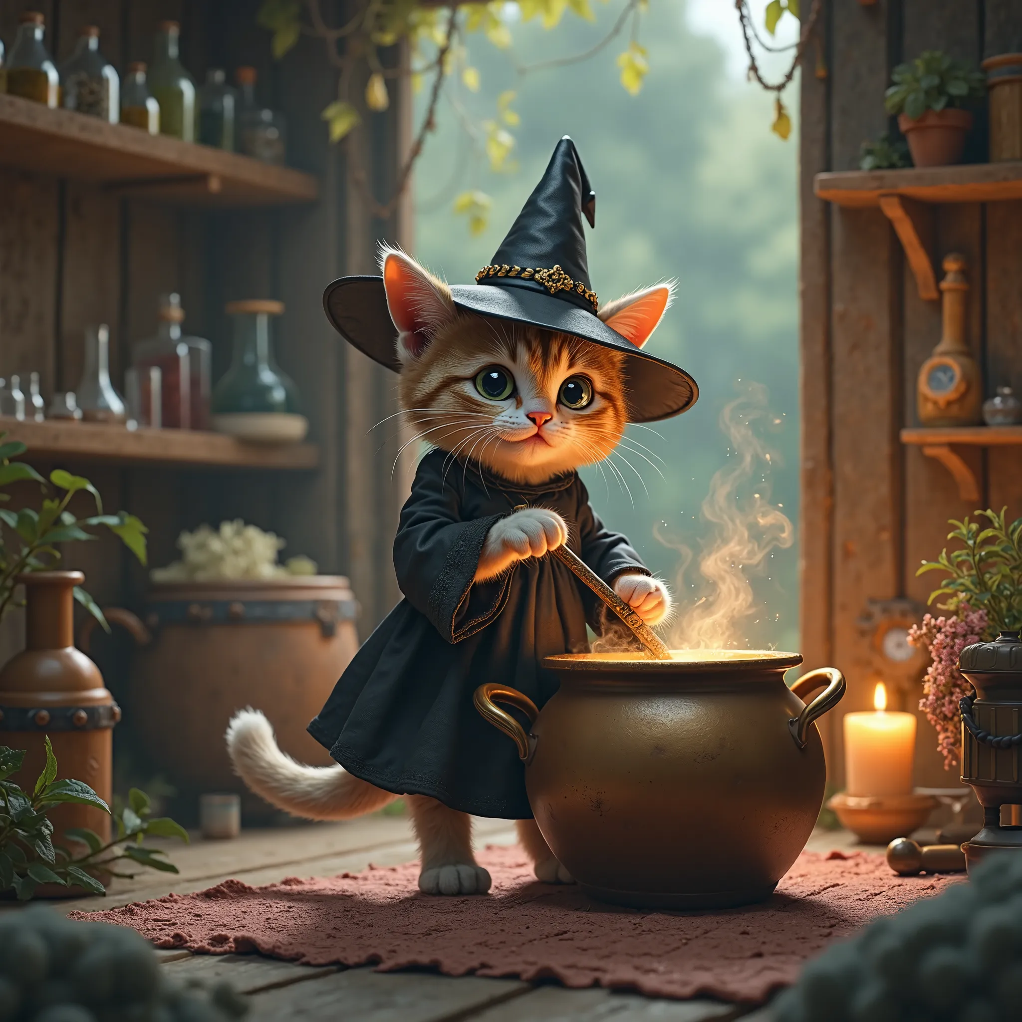  baby cat drawn in size 25 ,1 adorable baby cat２Animals,A realistic cat is standing on 2 legs,smile,eyes look like beautiful marbles,Detailed and realistic coat ,Don&#39;t blur the background, looks like a wizard,black dress, triangular hat,The background ...