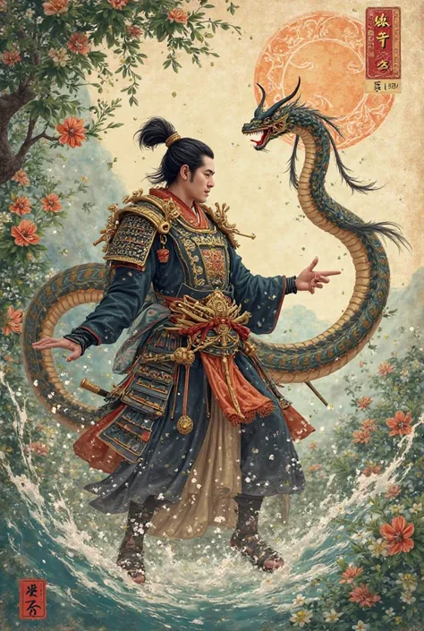 Ukiyo-e samurai, complex high detail, beautiful japanese traditional culture, playing with snake