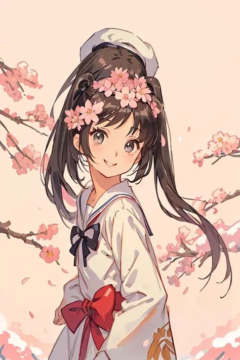 anime girl with black hair, Anime Moe Art Style, clean anime outline,  anime style , Anime Style Portrait ,  anime sketch , anime style, twin tails,   pretty detailed anime style , cherry blossoms、 Flower blowing snow、spring、 black hair、Shiny hair、sailor s...