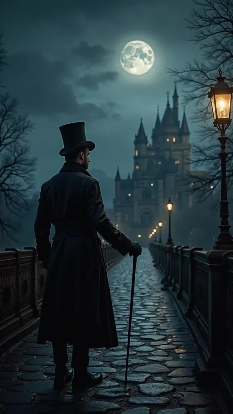 outside at night, cloudy weather but with a full moon, at the entrance to a bridge there is a man dressed in 19th century clothes, with a top hat and a cane, and in the other hand a lantern at the end of the bridge a castle, ultra realistic photography.