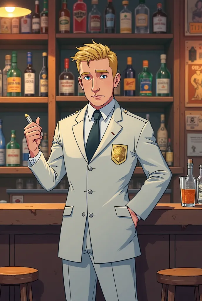 He creates a cartoonish figure with a discreet appearance, a short haircut, a white man with a good personality, a sharp back, wearing a white police suit, a notebook with a pen and an interrogation pen. The picture behind a bar of a liquor store with a ty...