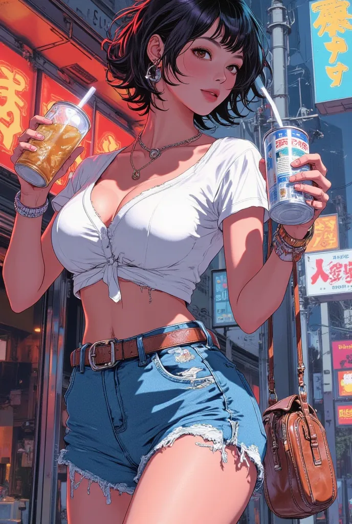 lively girl with a coffee can and a handbag, she wears a white v-neck t-shirt and mini jeans shorts, mysterious girl, frontline girls, fine details. frontline girls, big breasts, large breasts, fit body, hourglass figure, wide hips, beautiful female, thick...