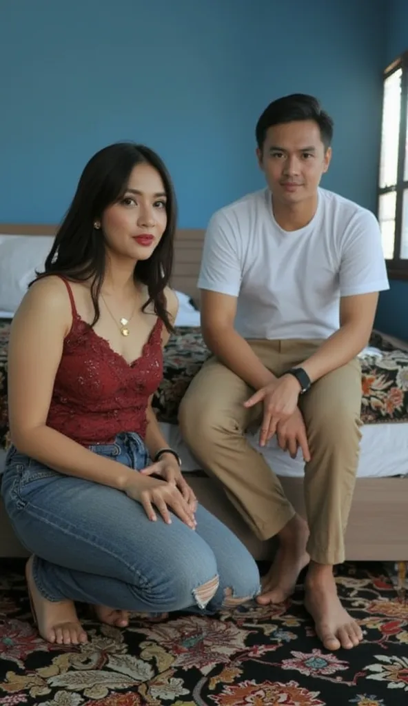 Photography, realistic, detailled, facing forward and looking to camera.  a Indonesian plump female, 40 year old, thin lips, red lipstick, tanktop, short pants denim, sitting on black carpet floral patterd, background blue wall, bed, carpet, window. Beside...