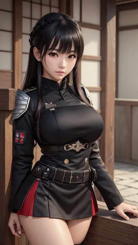 (masterpiece), (best quality), (PHOTOREALISTIC:1.3), 8k, Detailed skin texture, Japanese Female、Beautiful breasts、black髪、Heavy bangs、blackい瞳、miniskirt、Combat Uniform、white、black、red、