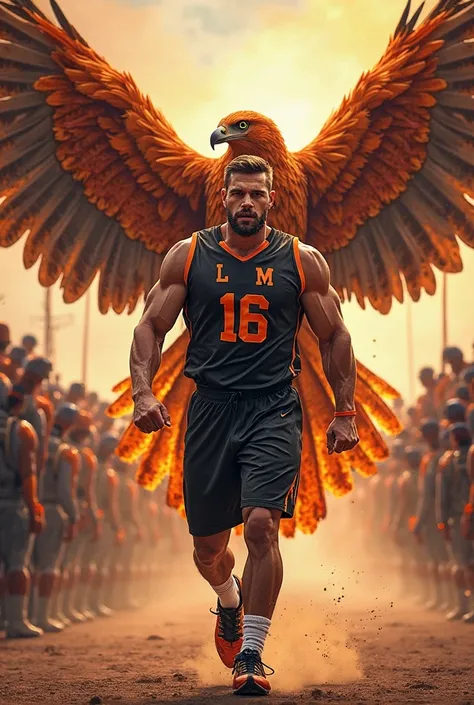 male athlete parading who looks complete in black and orange uniform.  The name of the team is “La 16” with a real big falcon voting fire behind parading next to it. 