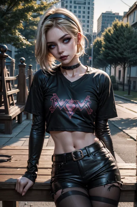 lora_Emma, jinx,1 girl, short blond hair, very skinny, tall, punk, small breast, leaning against wooden table, (leather micro hotpants), multiple belts, ((oversized V-neck cotton t-shirt)), (torn pantyhose), plastic headband, (cotton lower arm sleeves), sh...