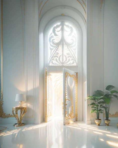 Maximum Lobby, white wall,  in the night, no lighting, White door, award winning masterpiece with incredible details big windows,  is very detailed, Harper's Bazaar art,  Fashion Magazine ,  smooth ,  sharp focus , 8k, Octane rendering,  (((AnnieVilla)))