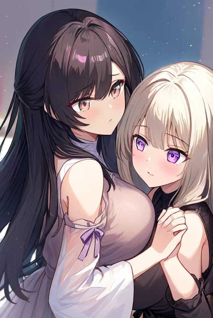 2 women、（ character for V21（ light beige hair、shoulder-length hair、Light beige eyes、Long））、（ character for V2２（ black hair、long hair、 purple eyes、Big Breasts））、Holding hands、The distance it takes to breathe、Delicate atmosphere、 and stare at each other、sens...