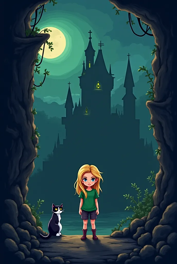 Let the characters be a girl with heavenly eyes , loose blond hair with a green t-shirt and its companion a black and white cat , Focus it on the dark fantasy pixel art night environment in an abandoned old castle