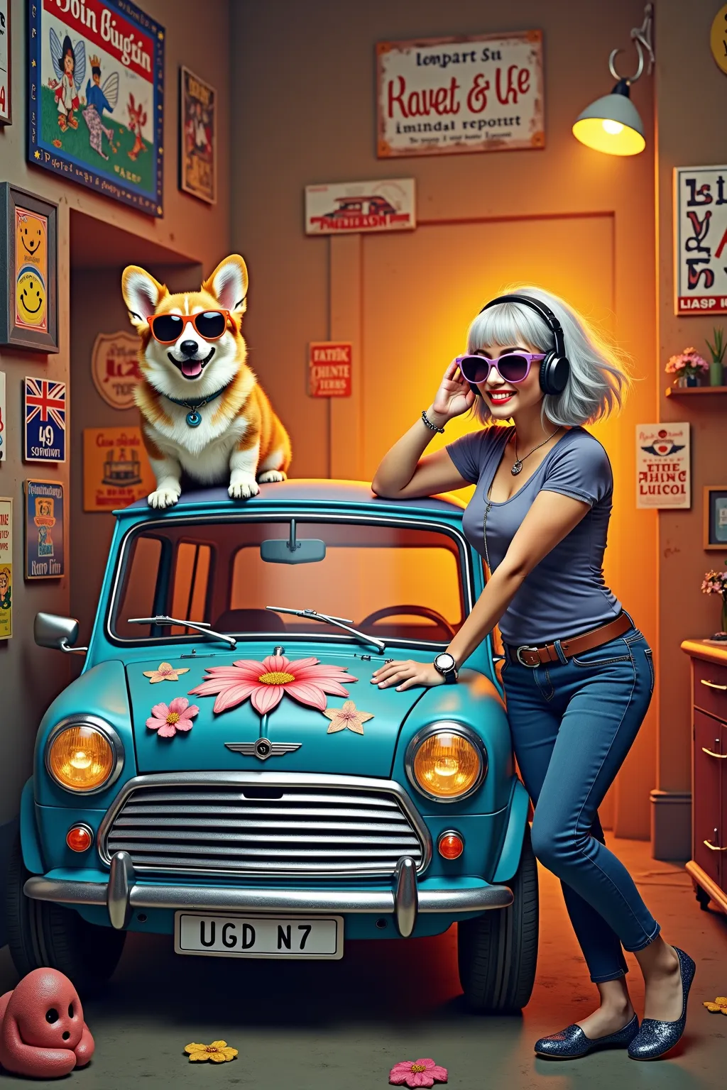  orange gradient background 、 There are lots of old American car posters and smiley posters on the wall in the old rusted art studio 、Rasta Colored Old Mini Cooper Van、 Flashy, Hardline , And a picture of a flower fairy that's cool on the body 、
  stick ou...